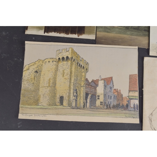 46 - A MISCELLANEOUS COLLECTION OF EIGHT WATERCOLOURS AND DRAWINGS Including the Bargate, Southampton by ... 