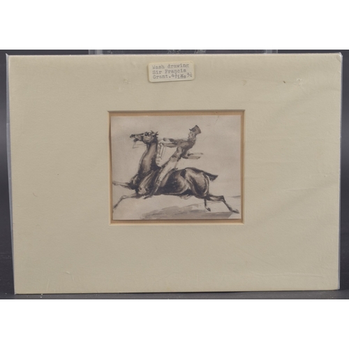 55 - ATTRIBUTED TO SIR FRANCIS GRANT (BRITISH 1803-1878) Cavalry officer on horseback, ink drawing, card ... 