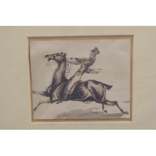 55 - ATTRIBUTED TO SIR FRANCIS GRANT (BRITISH 1803-1878) Cavalry officer on horseback, ink drawing, card ... 