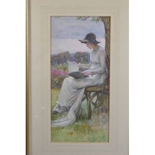 67 - LATE 19TH / EARLY 20TH CENTURY Seated woman reading beneath a tree, watercolour, initialled GST 19.5... 