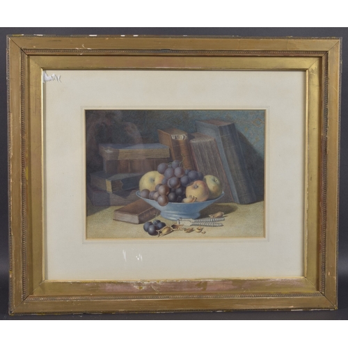 70 - 19TH CENTURY SCHOOL Still life with books and a bowl of fruit, watercolour, 9.5