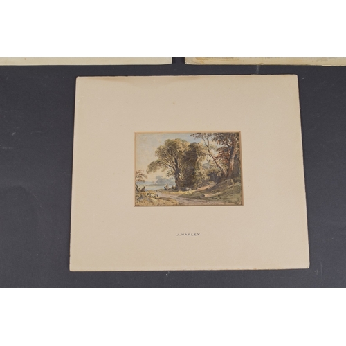 74 - JOHN VARLEY (1778-1842) Wooded lane with figures on a waterside, watercolour, signed, mounted on car... 