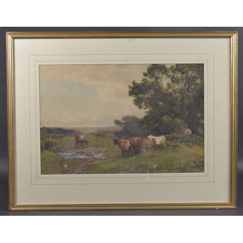 77 - ROBERT THORNE WAITE (1842-1935) Landscape with grazing cattle and the sea beyond, watercolour, signe... 