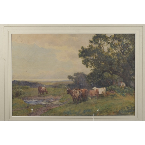 77 - ROBERT THORNE WAITE (1842-1935) Landscape with grazing cattle and the sea beyond, watercolour, signe... 