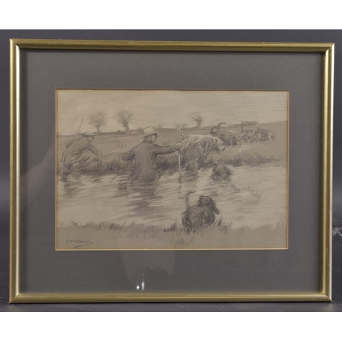 80 - GEORGE DENHOLM ARMOUR (1864- 1949) Foxhounds on the scent crossing a river, pencil and monochrome wa... 