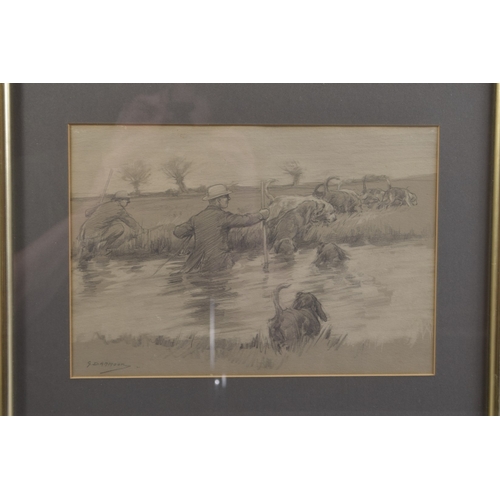 80 - GEORGE DENHOLM ARMOUR (1864- 1949) Foxhounds on the scent crossing a river, pencil and monochrome wa... 