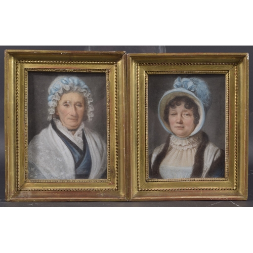 92 - FRENCH SCHOOL (19TH CENTURY) Pair of portraits of two women, wearing pale blue hats pastel on board,... 