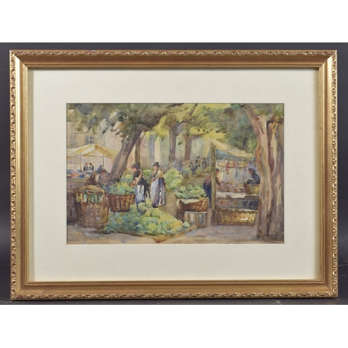 93 - MARGARET TOWERS (EARLY 20TH CENTURY) The Market, Argeles, France, watercolour. lable verso, 9.25