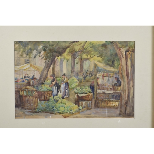 93 - MARGARET TOWERS (EARLY 20TH CENTURY) The Market, Argeles, France, watercolour. lable verso, 9.25