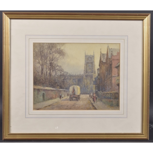 95 - EARLY 20TH CENTURY SCHOOL view of a cathedral from a side street, watercolour, signed indistinctly, ... 