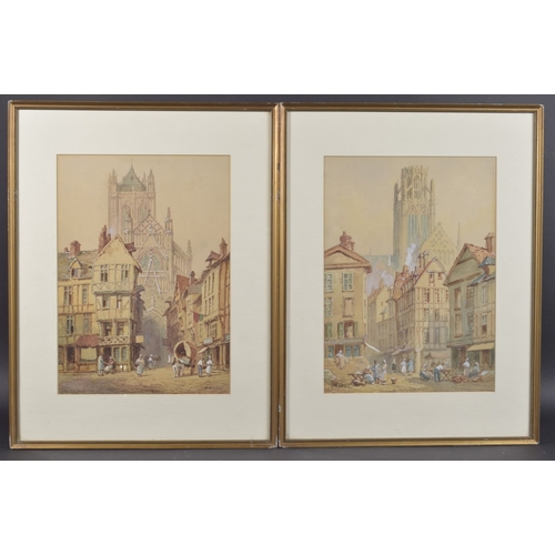 96 - PAUL MARNY (FRANCE 1829-1914) A pair of continental town scenes with church towers, watercolours, bo... 