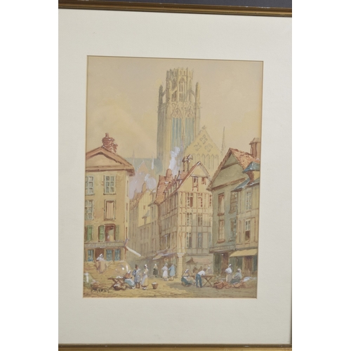 96 - PAUL MARNY (FRANCE 1829-1914) A pair of continental town scenes with church towers, watercolours, bo... 