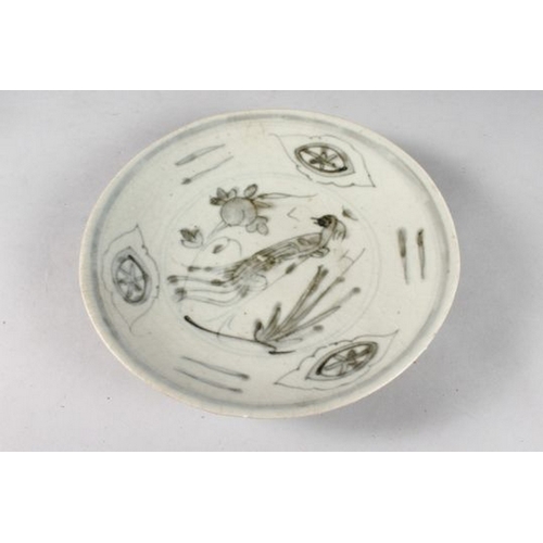 130 - A CHINESE SHIPWRECK PORCELAIN DISH, with central bird and peach design, 20.5cms diameter.