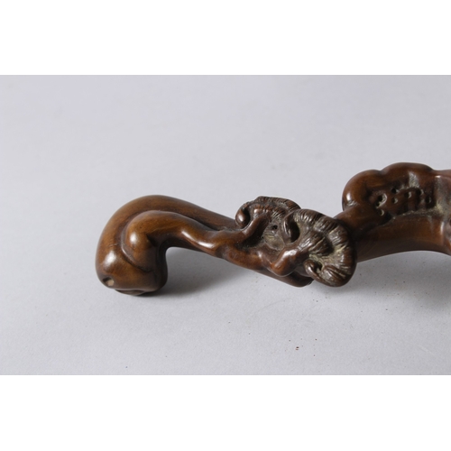 155 - A CHINESE CARVED WOOD RUYUI SCEPTRE, of naturalistic form. 33cms long.