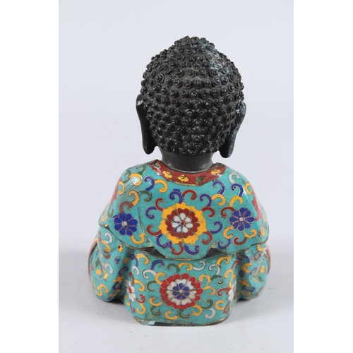 158 - A CHINESE CLOISONNE FIGURE OF A SEATED BUDDHA, hands clasped together. 22cms high.
