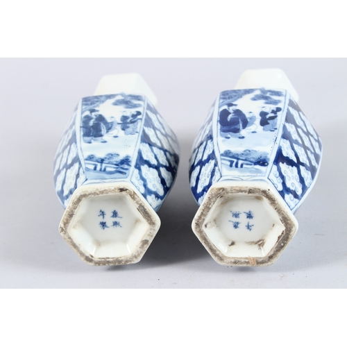 159 - A PAIR OF CHINESE BLUE AND WHITE PORCELAIN HEXAGONAL SHAPED BOTTLE VASES, decorated with panel of fi... 