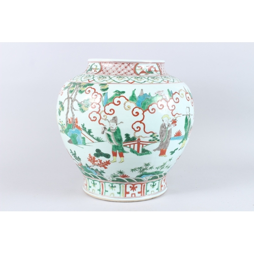 164 - A GOOD LARGE CHINESE FAMILLE VERTE PORCELAIN JAR, painted with figures in a landscape, six character... 