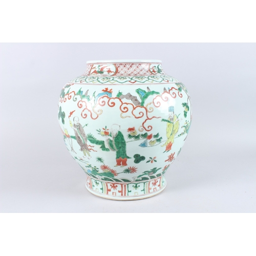 164 - A GOOD LARGE CHINESE FAMILLE VERTE PORCELAIN JAR, painted with figures in a landscape, six character... 