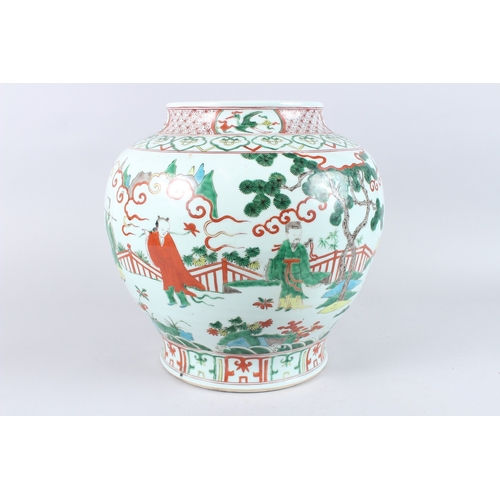 164 - A GOOD LARGE CHINESE FAMILLE VERTE PORCELAIN JAR, painted with figures in a landscape, six character... 
