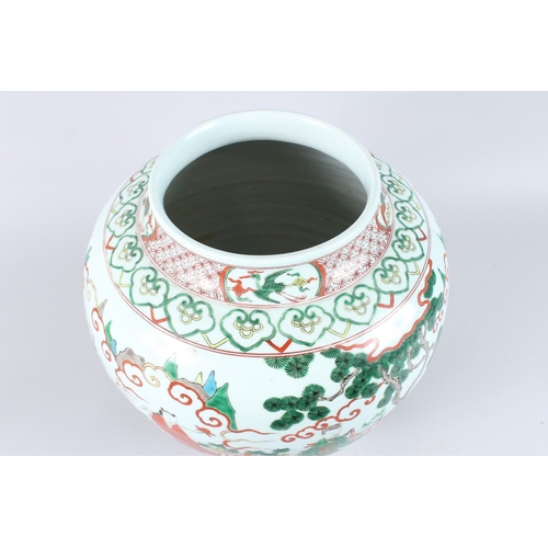 164 - A GOOD LARGE CHINESE FAMILLE VERTE PORCELAIN JAR, painted with figures in a landscape, six character... 