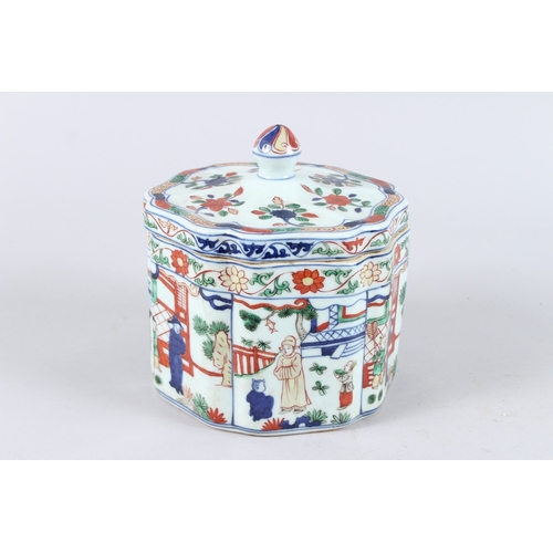 168 - A CHINESE FAMILLE VERTE PORCELAIN BOX AND COVER, the cover painted with flowers, the body with panel... 