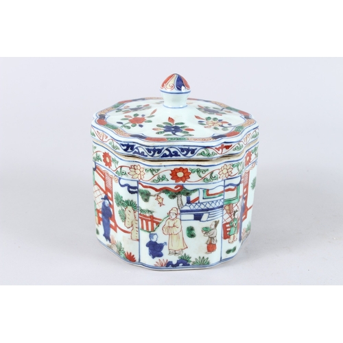 168 - A CHINESE FAMILLE VERTE PORCELAIN BOX AND COVER, the cover painted with flowers, the body with panel... 