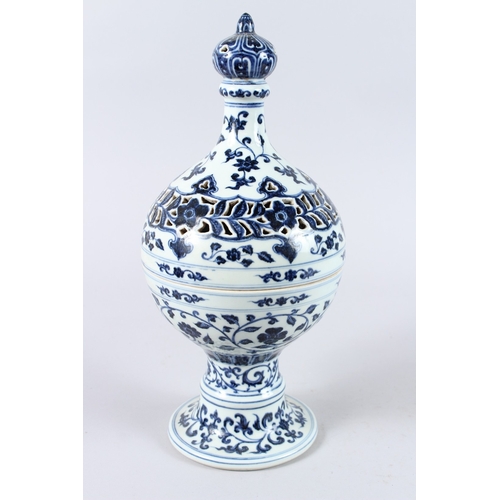 172 - A CHINESE BLUE AND WHITE PORCELAIN PEDESTAL BOWL AND COVER, the cover with pierced decoration. 37cms... 