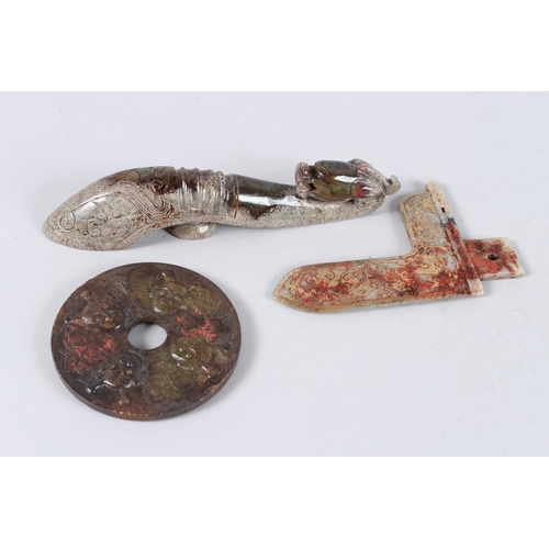 180 - A CHINESE CARVED JADE BI DISC, BELT HOOK AND A BRACKET (3).