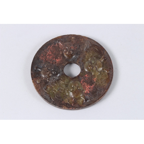 180 - A CHINESE CARVED JADE BI DISC, BELT HOOK AND A BRACKET (3).