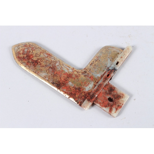 180 - A CHINESE CARVED JADE BI DISC, BELT HOOK AND A BRACKET (3).