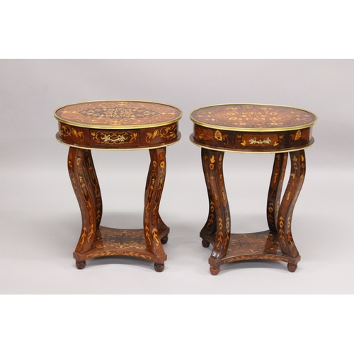 11 - A GOOD PAIR OF LOUIS XVI STYLE INLAID OVAL TABLES with single drawer, on four curving legs with unde... 