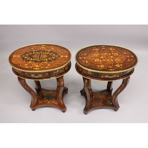 11 - A GOOD PAIR OF LOUIS XVI STYLE INLAID OVAL TABLES with single drawer, on four curving legs with unde... 
