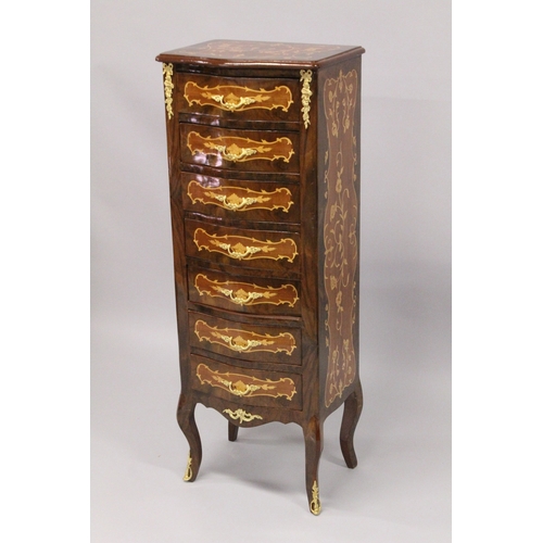 13 - A TALL NARROW LOUIS XVI STYLE CHEST with seven drawers, on short curving legs. 4ft 2ins high x 1ft 6... 