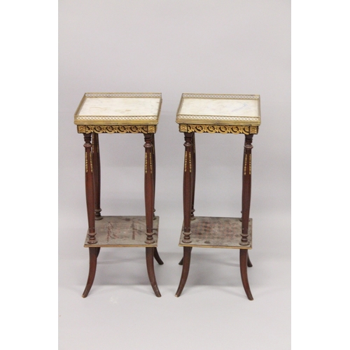 16 - A PAIR OF FRENCH MARBLE TOP SQUARE TABLES with curving legs and under-tier. 2ft 4ins high x 1ft squa... 