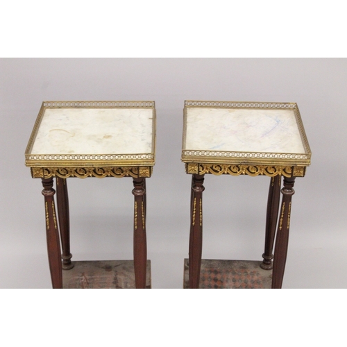 16 - A PAIR OF FRENCH MARBLE TOP SQUARE TABLES with curving legs and under-tier. 2ft 4ins high x 1ft squa... 