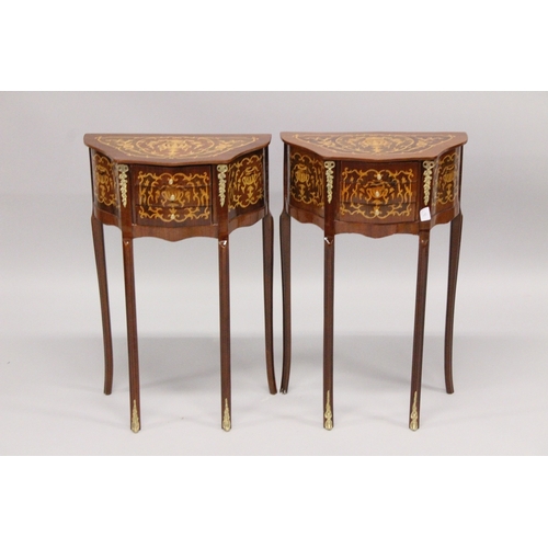 18 - A PAIR OF LOUIS XVI STYLE SHAPED FRONT BEDSIDE TABLES with three drawers, on curving legs. 2ft 4ins ... 