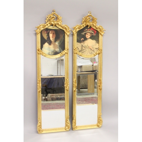 21 - A PAIR OF LOUIS XVI STYLE LONG NARROW MIRRORS with portraits of ladies. 5ft 10ins high x 1ft 6ins wi... 