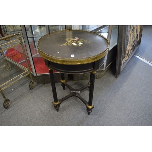 53 - A 19TH CENTURY EBONISED OCCASIONAL TABLE, the circular slate top inlaid with micro mosaic panel depi... 