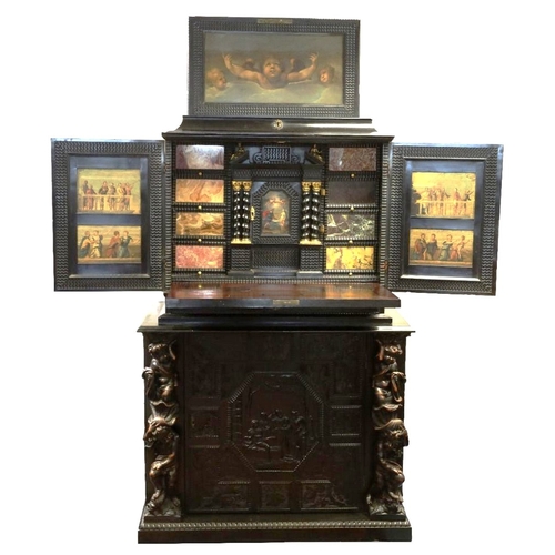 55 - A VERY GOOD 17TH CENTURY ANTWERP EBONISED PAINTED AND HARDSTONE MOUNTED VARGUENO, with hinged lid op... 