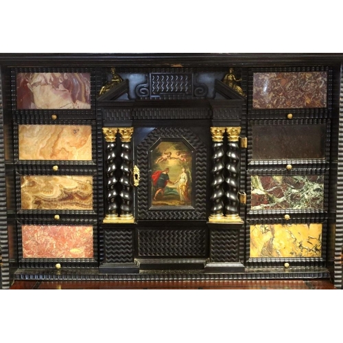 55 - A VERY GOOD 17TH CENTURY ANTWERP EBONISED PAINTED AND HARDSTONE MOUNTED VARGUENO, with hinged lid op... 