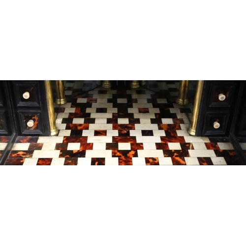 55 - A VERY GOOD 17TH CENTURY ANTWERP EBONISED PAINTED AND HARDSTONE MOUNTED VARGUENO, with hinged lid op... 