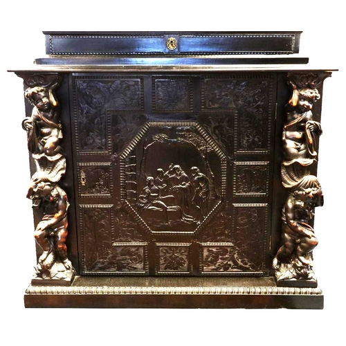 55 - A VERY GOOD 17TH CENTURY ANTWERP EBONISED PAINTED AND HARDSTONE MOUNTED VARGUENO, with hinged lid op... 