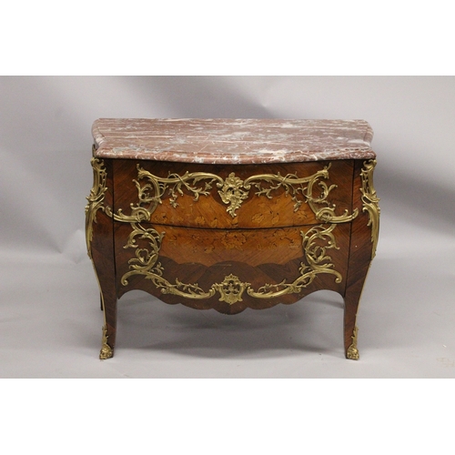 56 - A VERY GOOD LOUIS XVI KINGWOOD AND MARQUETRY BOMBE COMMODE with marble top, two deep drawers with or... 