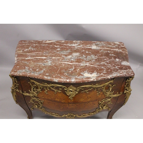 56 - A VERY GOOD LOUIS XVI KINGWOOD AND MARQUETRY BOMBE COMMODE with marble top, two deep drawers with or... 