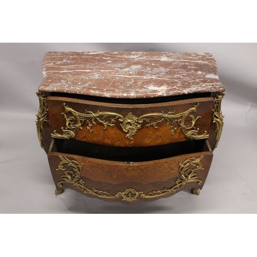 56 - A VERY GOOD LOUIS XVI KINGWOOD AND MARQUETRY BOMBE COMMODE with marble top, two deep drawers with or... 