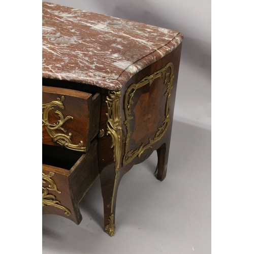 56 - A VERY GOOD LOUIS XVI KINGWOOD AND MARQUETRY BOMBE COMMODE with marble top, two deep drawers with or... 