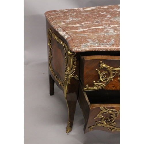 56 - A VERY GOOD LOUIS XVI KINGWOOD AND MARQUETRY BOMBE COMMODE with marble top, two deep drawers with or... 