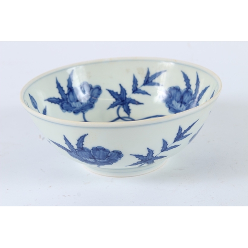 108 - A CHINESE BLUE AND WHITE BOWL. 18cms diameter.