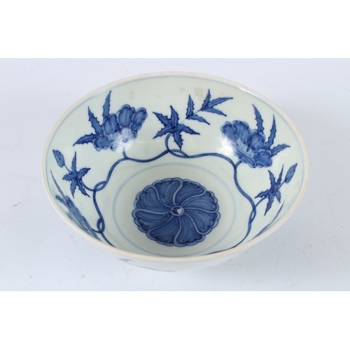 108 - A CHINESE BLUE AND WHITE BOWL. 18cms diameter.