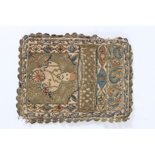 153 - AN 18TH - 19TH CENTURY ISLAMIC EMBROIDERED BAG. 21cms x 16cms.